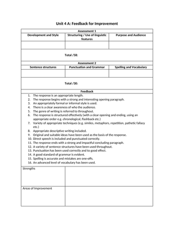 GCSE English Language: Unit 4 A Personal Writing - Feedback form