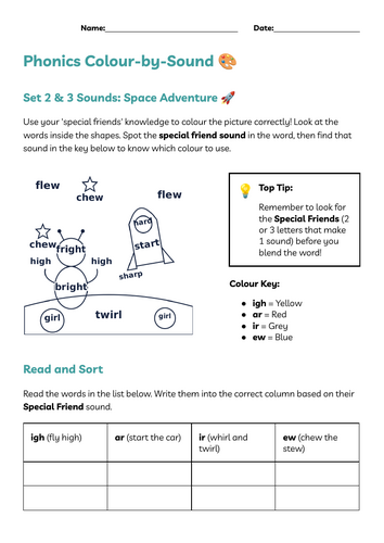 Set 2 and Set 3 sounds: Colour by sound phonics (igh, ar, ir, ew)