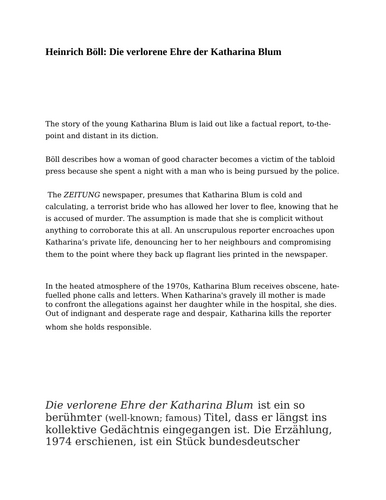 "Die verlorene Ehre der Katharina Blum" A/AS Level German