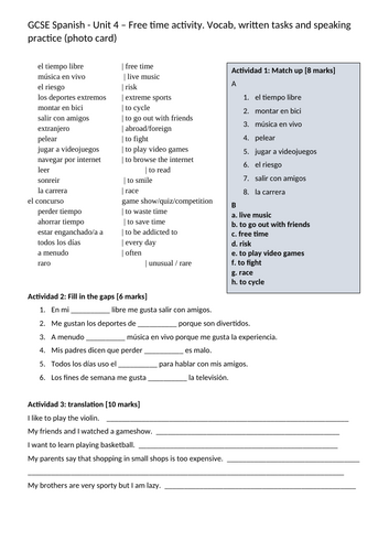 GCSE Spanish - Unit 4 – Free time activity. Vocab, written tasks and speaking practice (photo card)
