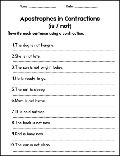 Using Apostrophes Worksheets - Contraction Practice for 1st 2nd 3rd Grade