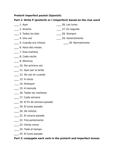 Preterit imperfect packet (Spanish)