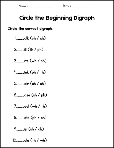 Digraphs Worksheets - Beginning and Ending Digraphs Ck, Ch, Sh, Th, Wh, Ph