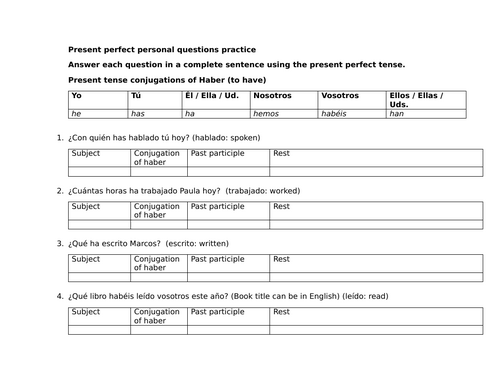 Present perfect personal questions practice