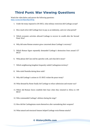 Third Punic War Video Watching Questions Worksheet