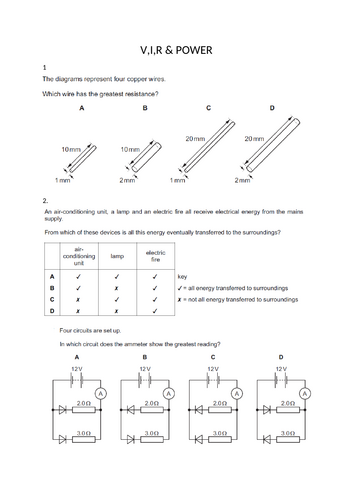 IGCSE physics Electricity basics , V,I,R, Ohms law ready made exam style worksheet, test