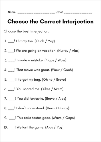 Interjections Worksheets – Fun Grammar Activities for Expressing Emotions