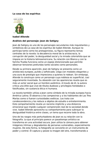 La casa de los espíritus by Isabel Allende – Characters – Jean de Satigny