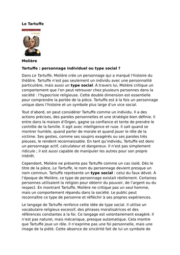 Le Tartuffe by Molière – Tartuffe: Individual Character or Social Type?