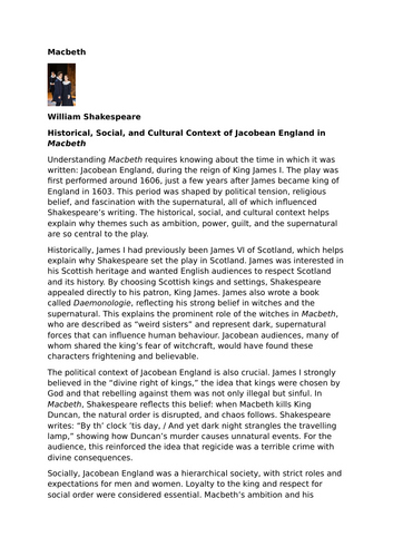 Macbeth by William Shakespeare – Historical, Social, and Cultural Context