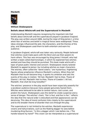 Macbeth by William Shakespeare – Beliefs about Witchcraft and the Supernatural