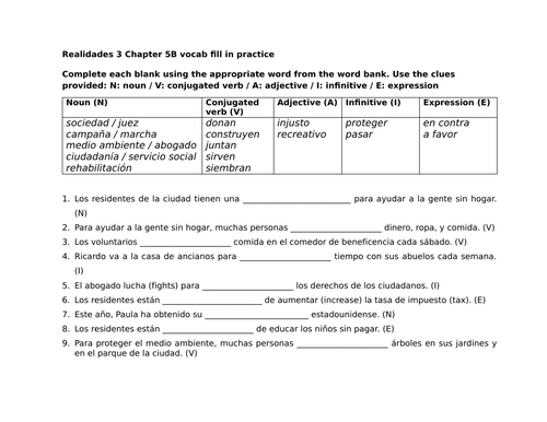 Realidades 3 Chapter 5B vocab fill in practice