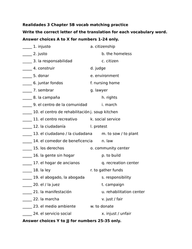 Realidades 3 Chapter 5B vocab matching practice
