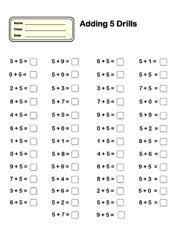 Primary Maths Learning: Adding Five Drills