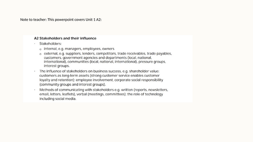 International BTEC Business Unit 1 - A2: Stakeholders and their Influence