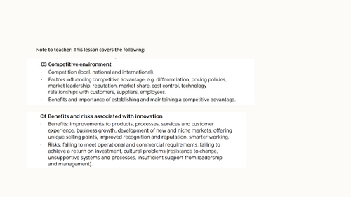 International BTEC: Unit 1 C3 + C4 Competition and Innovation