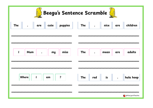 KS1 Sentence Scramble Worksheets (Beegu)