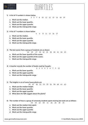 Quartiles - Maths GCSE Higher Worksheet