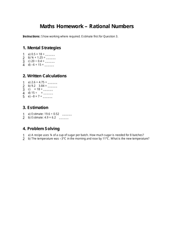 Rational Numbers Homework – Year 7 & 8 Maths