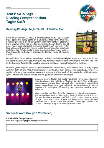 Year 6 SATS Style Comprehension - Taylor Swift | Teaching Resources