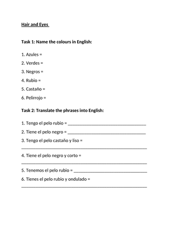 Hair and Eyes Comprehension Worksheet