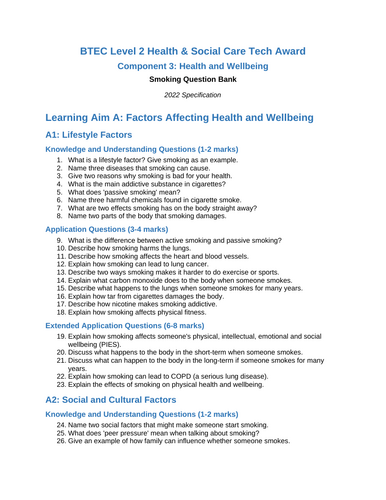 BTEC Level 2 HSC Tech Award Component 3: Health and Wellbeing Smoking Question Bank