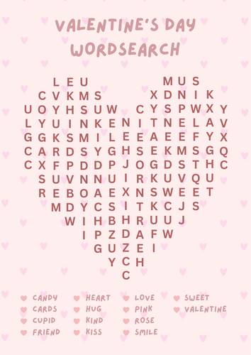Valentine's Day wordsearch + answer sheet