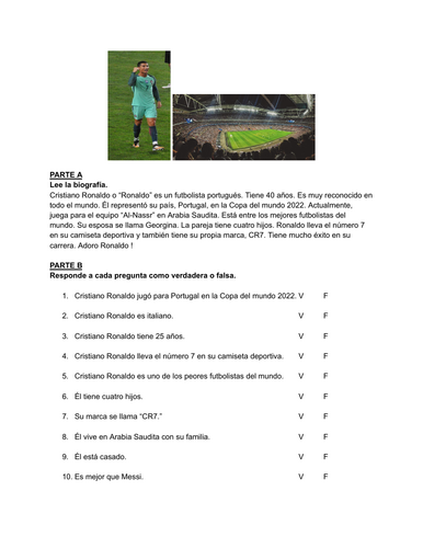 Spanish reading comprehension - Biography of Cristiano Ronaldo