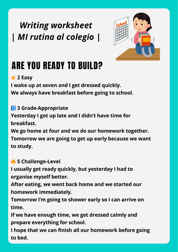 Mi rutina escolar - sentence builder worksheet