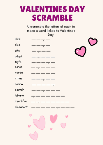 Valentine's Day word scramble worksheet