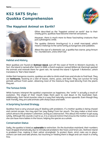 KS2 SATS Style Comprehension - Quokkas