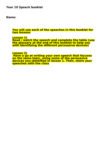 Booklet to support with teaching Speeches