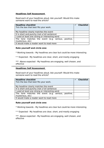 Headlines Self Assessment Worksheet