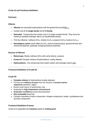 A' Level Crude oil and Fractional distillation Summary, Questions and Answers