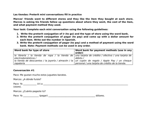Las tiendas: Preterit mini conversations fill in practice