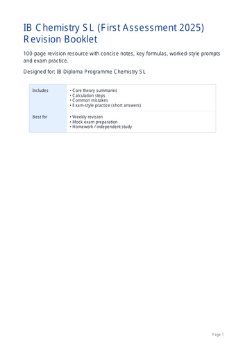 CHEMISTRY IB SL REVISON BOOKLET  (100) PAGES)