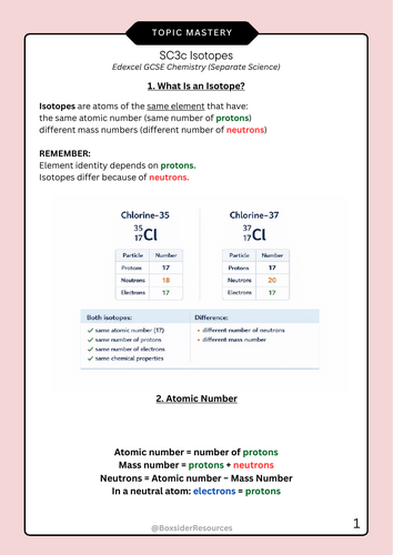 Edexcel GCSE Chemistry SC3c Isotopes  – Student Topic Mastery Sheet + Exam Questions