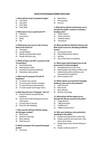Covid-19 and Partygate Multiple Choice Quiz