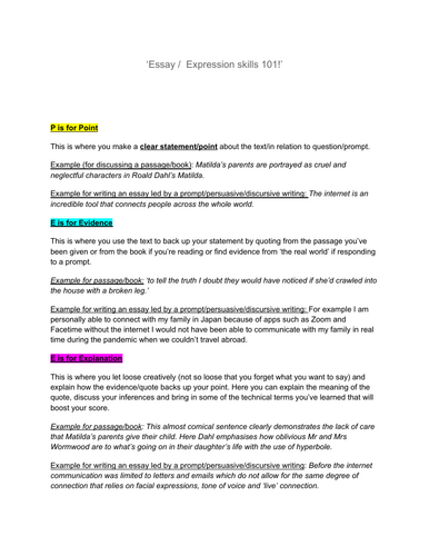 Essay Skills Pack: PEE formula, Figurative Language, Template sentences, Expression