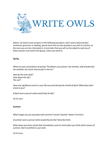 'Four Seasons: Creative/ Imaginative Writing ' prompts: unusual!