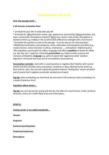 Comprehension Crib Sheet: reminders, hacks, top tips! (suitable 11+, SATs, general comprehension)