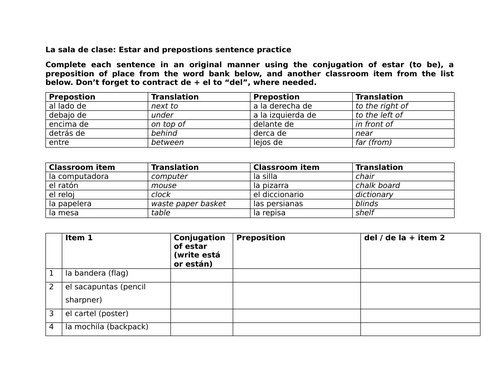 La sala de clase: Estar and prepostions sentence practice
