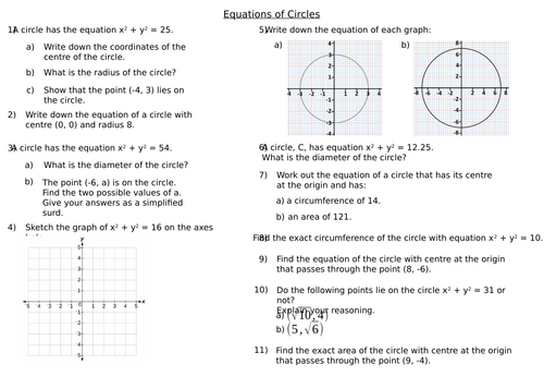 Equations of Circles Worksheet