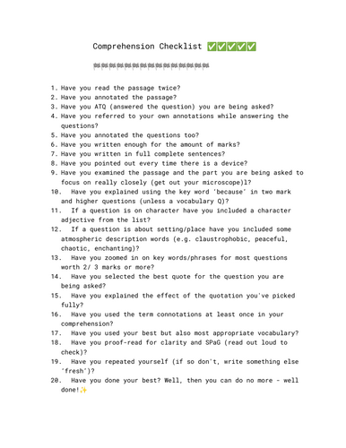 11+ comprehension checklist: 20 questions - simple yet effective!