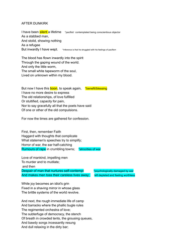 "After Dunkirk" A* English Literature poetry analysis: Alun Lewis Anthology WJEC