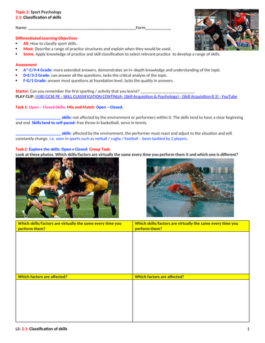 GCSE PE (Spec 2016 Edexcel) Topic 2: Sport Psychology: 2.1: Classification of skills.