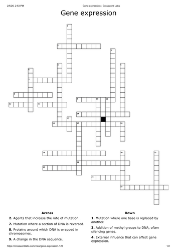 Gene expression crossword - A level biology