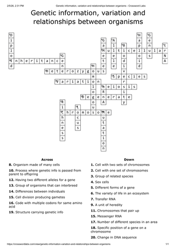 Genetic information, variation and relationships crossword - A level biology