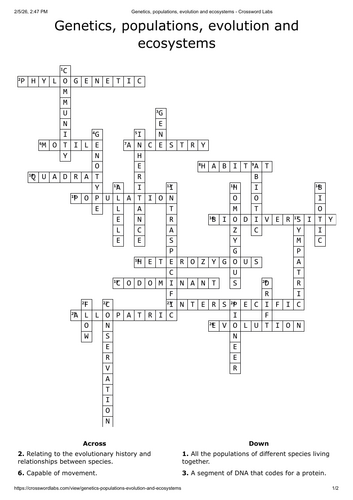 Genetics, populations, evolution and ecosystems crossword - A level biology