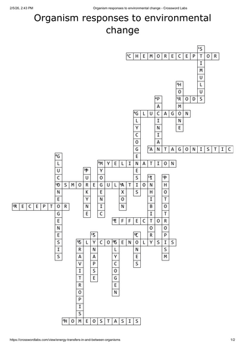 Organism responses to environmental change crossword - A level biology